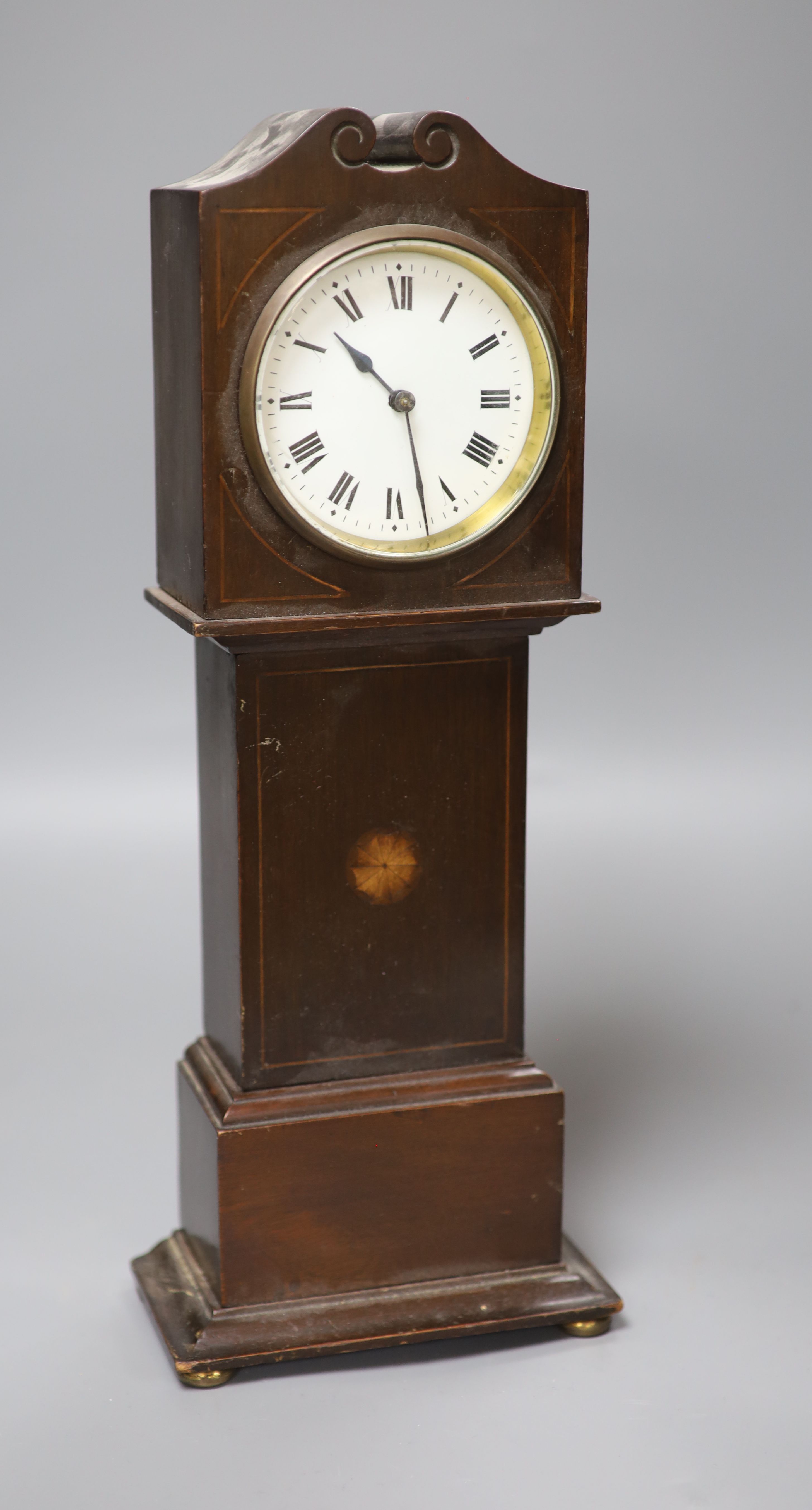 A miniature mahogany longcase clock, height 38cm